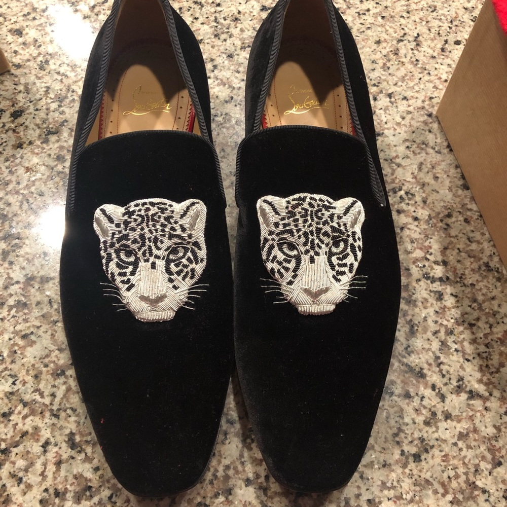Black red bottom cheetah embroidered loafers Christian Louboutin Size 44